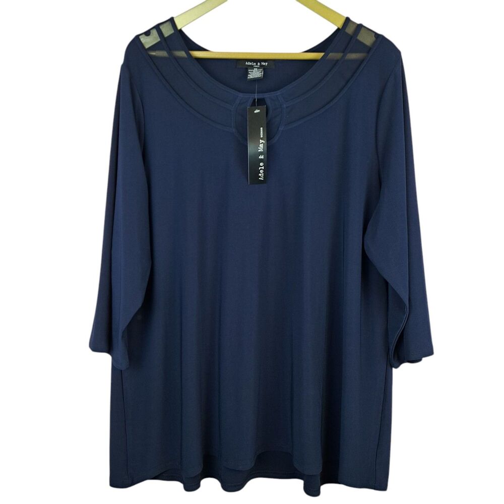 NEW Adele and May Navy Blue Plus Size 3X Stretch Blouse Sheer Collar